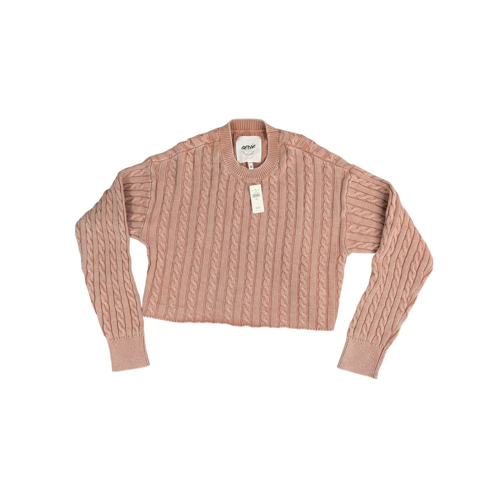 Aerie Womens Cable Knit Cropped Sweater Dusty Rose Pink Crew‎ Neck Large NEW